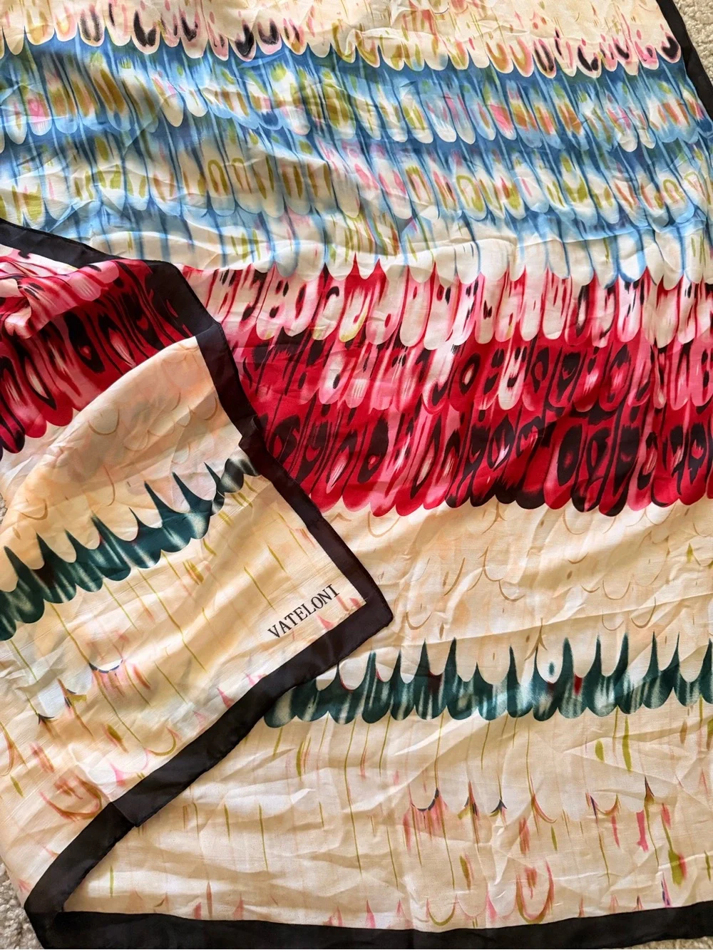VATELONI Feather Print Silk Scarf in Red, Blue, Green, Cream